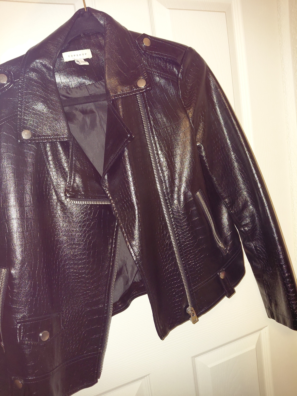 Topshop Black Croc-Embossed Faux Leather Biker Jacket Sz 8